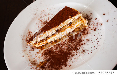 Cake with cocoa on white plate Cake with cocoa on white plate 67076257