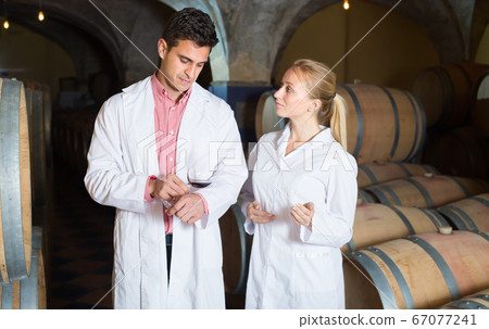 Positive team of winery posing with wine 67077241