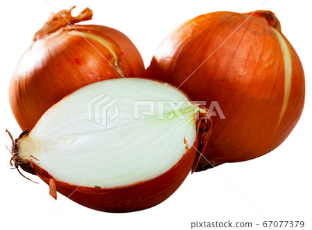 Image of cut onion bulbs on white background 67077379