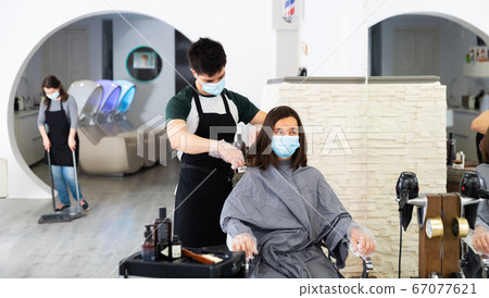 Young man professional hairdresser in mask cut female's hair 67077621