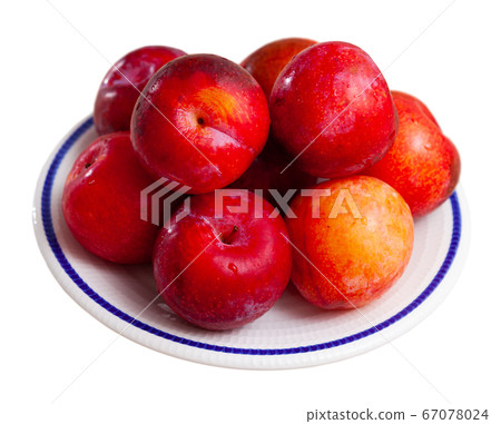 Whole and halves red appetizing plums Whole and halves red appetizing plums 67078024