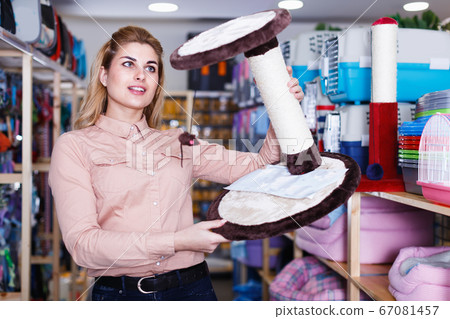 Young girl buying scratching post for cat Young girl buying scratching post for cat 67081457