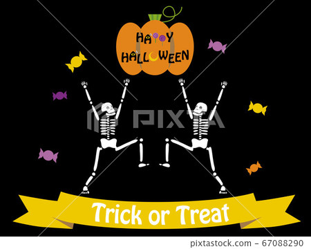 Halloween Two skeletons, pumpkins, candy and ribbons 67088290