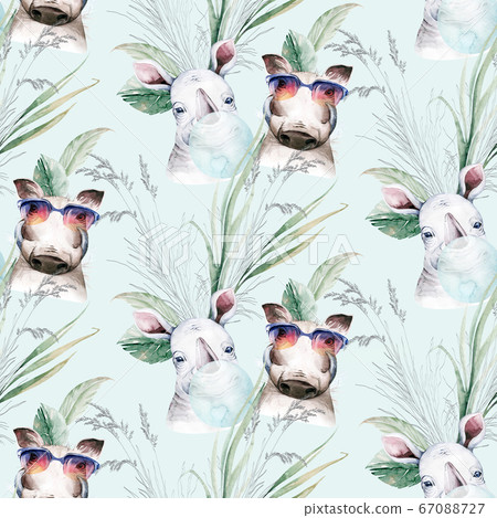Watercolor floral pattern with warthog and hippo baby nursery natural leaves, feathers, flowers, Isolated on white background. Artistic decoration illustration. Save the date, wedding design,valentine 67088727