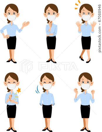 一名戴著面具並在夏季辦公室工作的女人,6種不同的手勢和表情 一名戴著面具並在夏季辦公室工作的女人,6種不同的手勢和表情 67088946