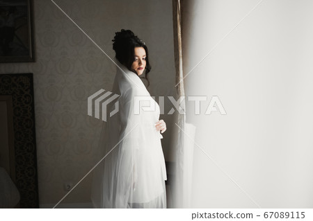 Beautiful bride wearing fashion wedding dress with feathers with luxury delight make-up and hairstyle, studio indoor photo shoot 67089115