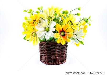 synthesis zinnia flower on wooden vase on isolated synthesis zinnia flower on wooden vase on isolated 67089778