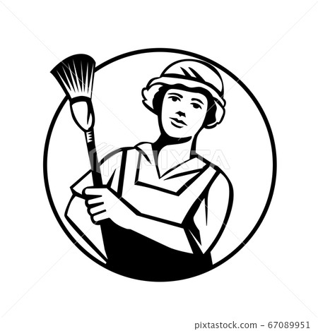 Maid Cleaner Holding Duster Front View Circle Maid Cleaner Holding Duster Front View Circle 67089951