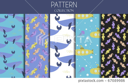A set of vector seamless patterns with sea animals and the underwater world. Cute cartoon flat illustrations for background or children s illustrations. Blue whale, jellyfish, submarine, seahorse and A set of vector seamless patterns with sea animals and the underwater world. Cute cartoon flat illustrations for background or children s illustrations. Blue whale, jellyfish, submarine, seahorse and 67089986