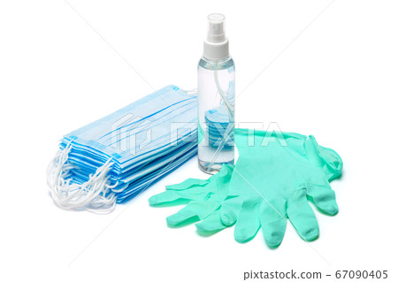 bottle of cream, lotion, sanitizer or liquid soap, latex rubber glover and protective mask isolated on white background 67090405