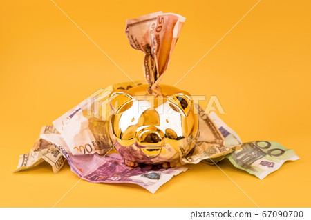 Golden piggy bank with cash money, euro and dollar 67090700