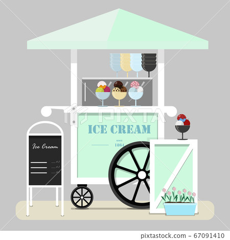 Flat cute ice cream cart. Diner in the Park, at the fair, street and festival. illustration in pastel green and blue tones. Point of sale of ice cream, Popsicle, Gelato, ice and milkshakes. 67091410
