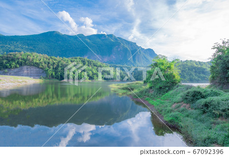 Beautiful view to reservoir and mountain Ban Mae Khaon Chiang Dao, Chiangmai Thailand	 67092396