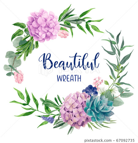 Hydrangea and leaves, Botanical round wreath, watercolor hand drawn 67092735