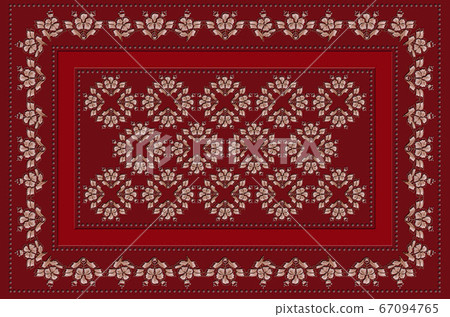 Frame of claret beads with red ribbon and pink flowers with leaves for embroidery on claret tablecloth Frame of claret beads with red ribbon and pink flowers with leaves for embroidery on claret tablecloth 67094765