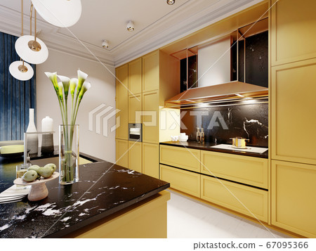 Fashionable and modern kitchen in yellow with a Fashionable and modern kitchen in yellow with a 67095366