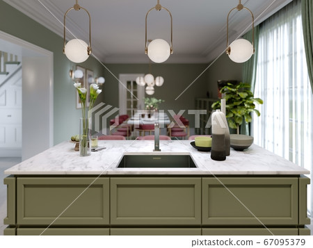 Designer kitchen island pistachio color with decor 67095379
