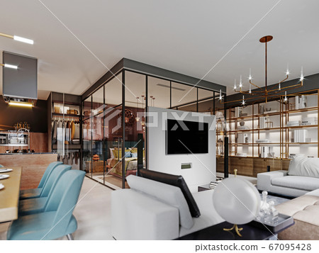 Modern bedroom behind glass in a studio room. Modern bedroom behind glass in a studio room. 67095428