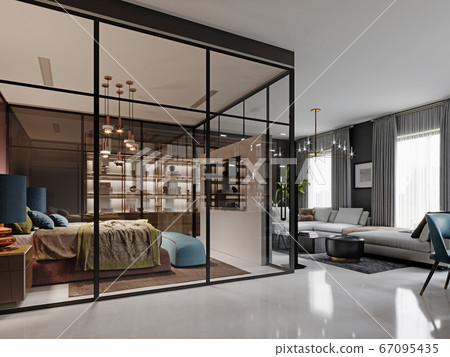 Modern bedroom behind glass in a studio room. Modern bedroom behind glass in a studio room. 67095435