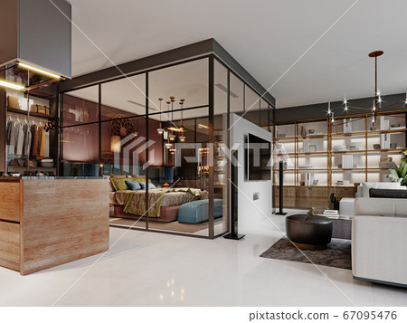 Modern bedroom behind glass in a studio room. 67095476