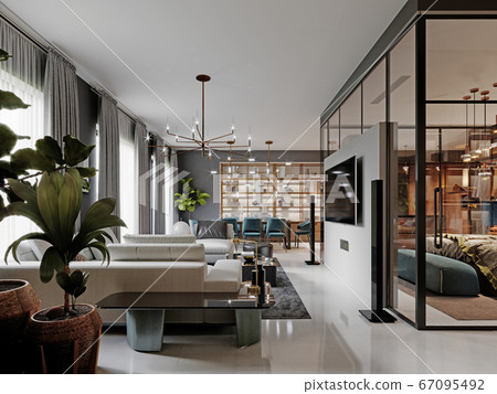 large living room with a large white corner sofa 67095492