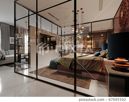 Modern bedroom behind glass in a studio room. 67095502