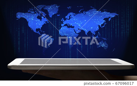 Man holding tablet with world map, computer code and web connection mesh appearing from screen, collage 67096017