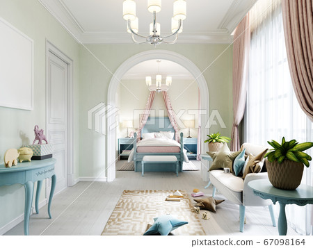 Childrens room with a bedroom and a play area, a 67098164