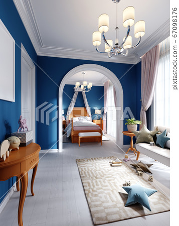 Childrens bedroom and play area in blue, orange 67098176