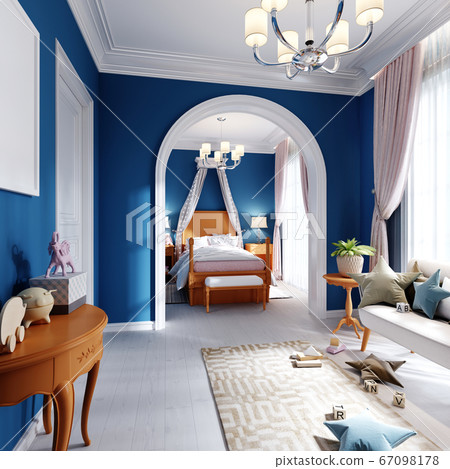 Childrens bedroom and play area in blue, orange 67098178