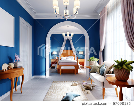 Childrens bedroom and play area in blue, orange 67098185