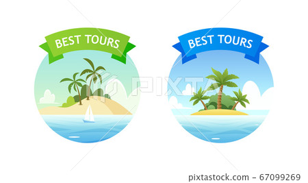 Travel Tour Emblem with Summer Beach for Vacation Travel Tour Emblem with Summer Beach for Vacation 67099269