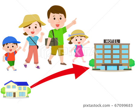 Illustration of a family staying at a nearby hotel on a short trip during summer vacation Illustration of a family staying at a nearby hotel on a short trip during summer vacation 67099683