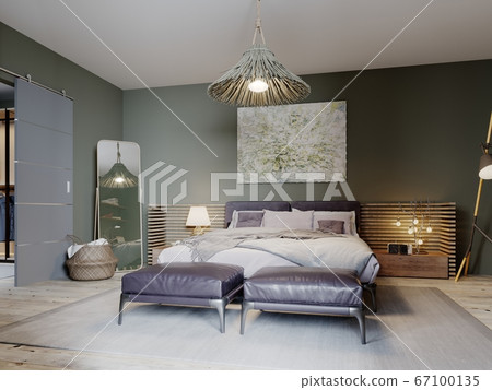 Boho style bedroom interior with olive color walls Boho style bedroom interior with olive color walls 67100135