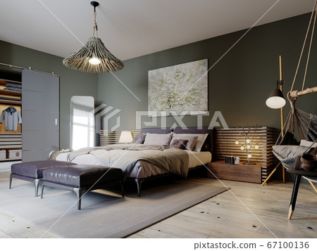 Boho style bedroom interior with olive color walls Boho style bedroom interior with olive color walls 67100136