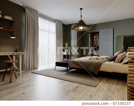 Boho style bedroom interior with olive color walls Boho style bedroom interior with olive color walls 67100137