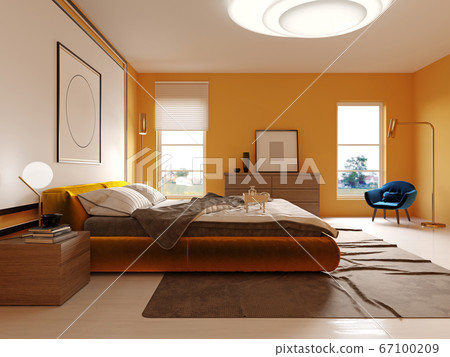 Design of a modern bedroom in yellow with a white 67100209