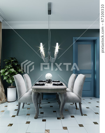 Dining room with dining table with four chairs. Dining room with dining table with four chairs. 67100310
