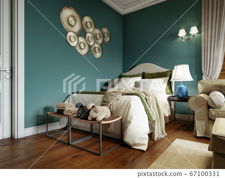 A classic-style bed with a soft headboard, a 67100331