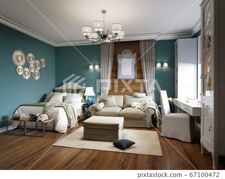 Bedroom with a sofa bed and a table by the window, 67100472