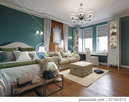 Bedroom with a sofa bed and a table by the window, 67100473