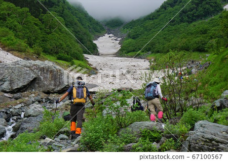 登山者攀登北岳的白雪皚皚的Obasawazawa 67100567