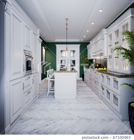 A classic kitchen with white furniture and green 67100965