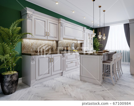 A classic kitchen with white furniture and green 67100984