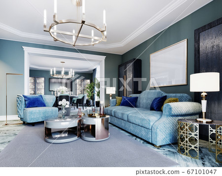 Luxurious fashionable living room in blue and Luxurious fashionable living room in blue and 67101047
