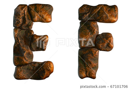 Set of rocky letters E, F. Font of stone on white background. 3d 67101706