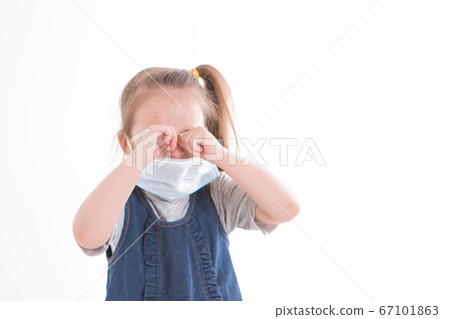 Portrait of a girl who covered her face with a mask. Frightened eyes of the patient. 67101863