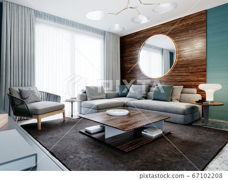 Contemporary living room studio, aquamarine walls 67102208