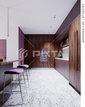 Contemporary kitchen with purple walls and brown Contemporary kitchen with purple walls and brown 67102263