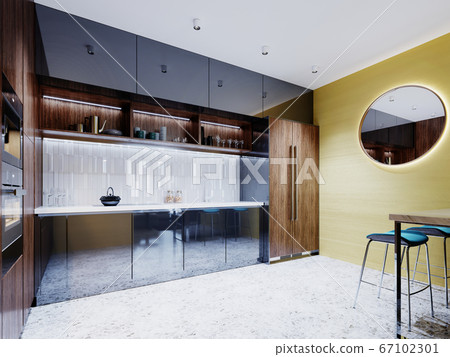 Yellow kitchen interior with a large round mirror Yellow kitchen interior with a large round mirror 67102301